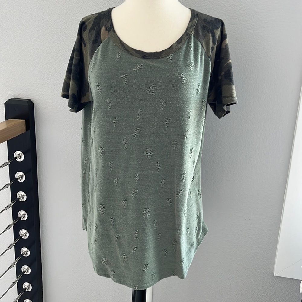 Distressed shirt with camo sleeves